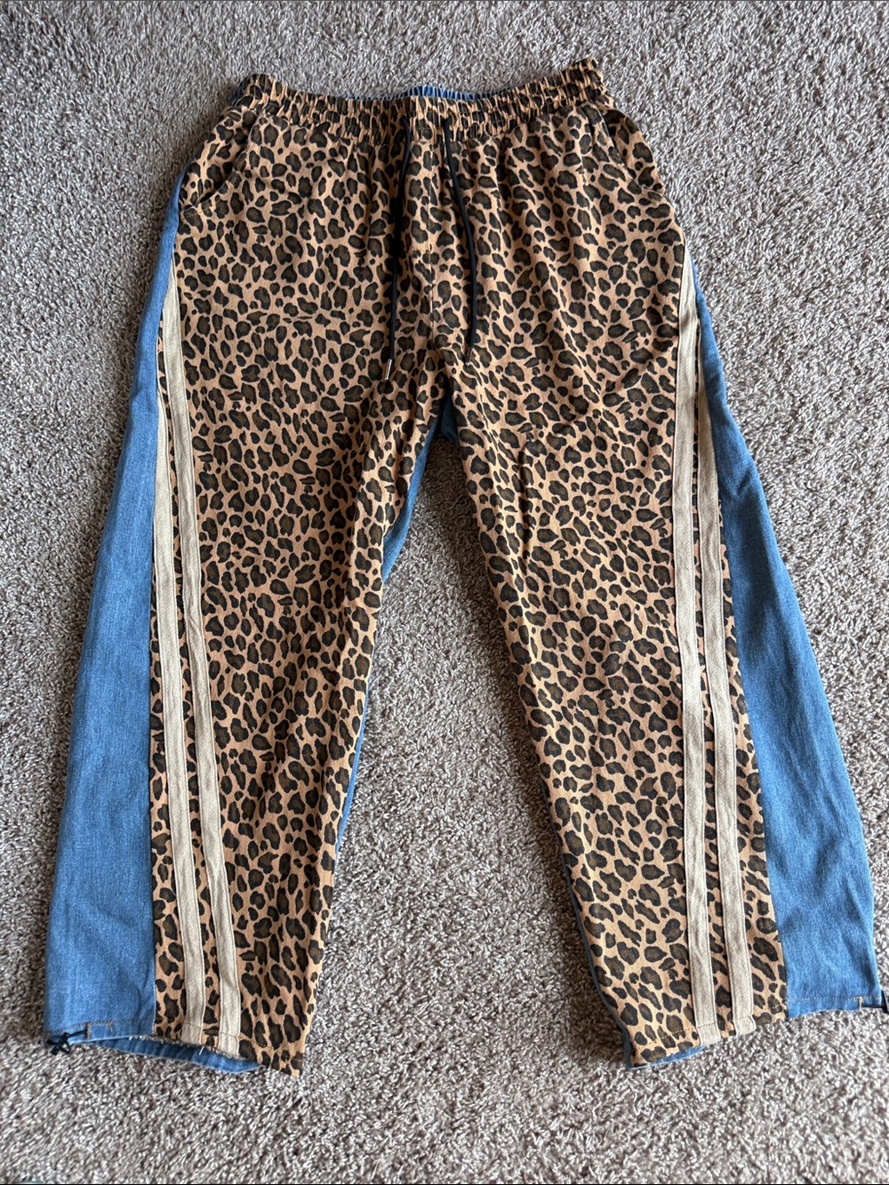 BiBi Leopard Print Wide Leg Pants with Blue Side Panels